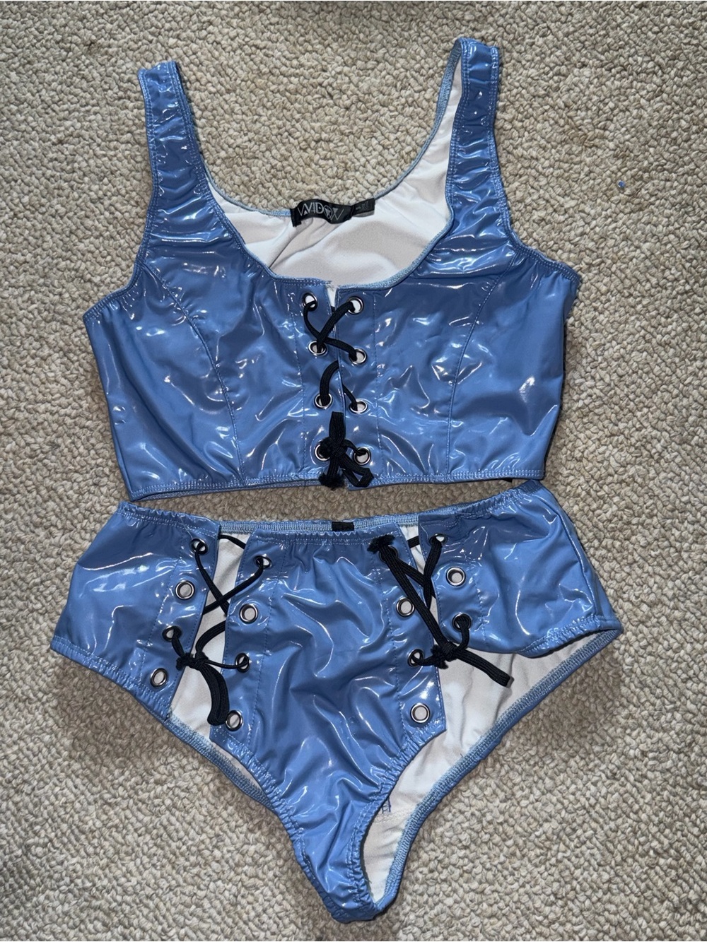 Light Blue Vinyl Lace-Up Crop Top & High-Waist Set